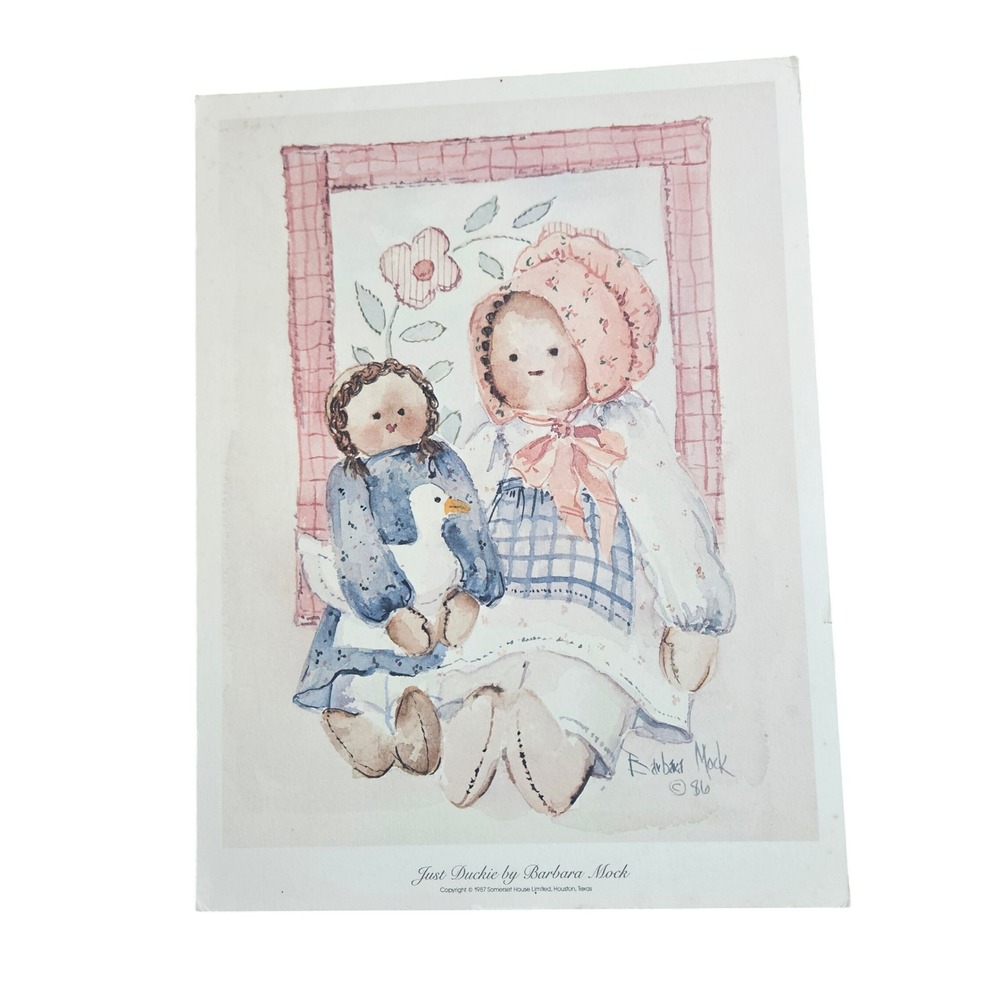 Vintage 1987 Barbara Mock Just Duckie Art Print Rag Dolls Duck 9x12 Lithograph